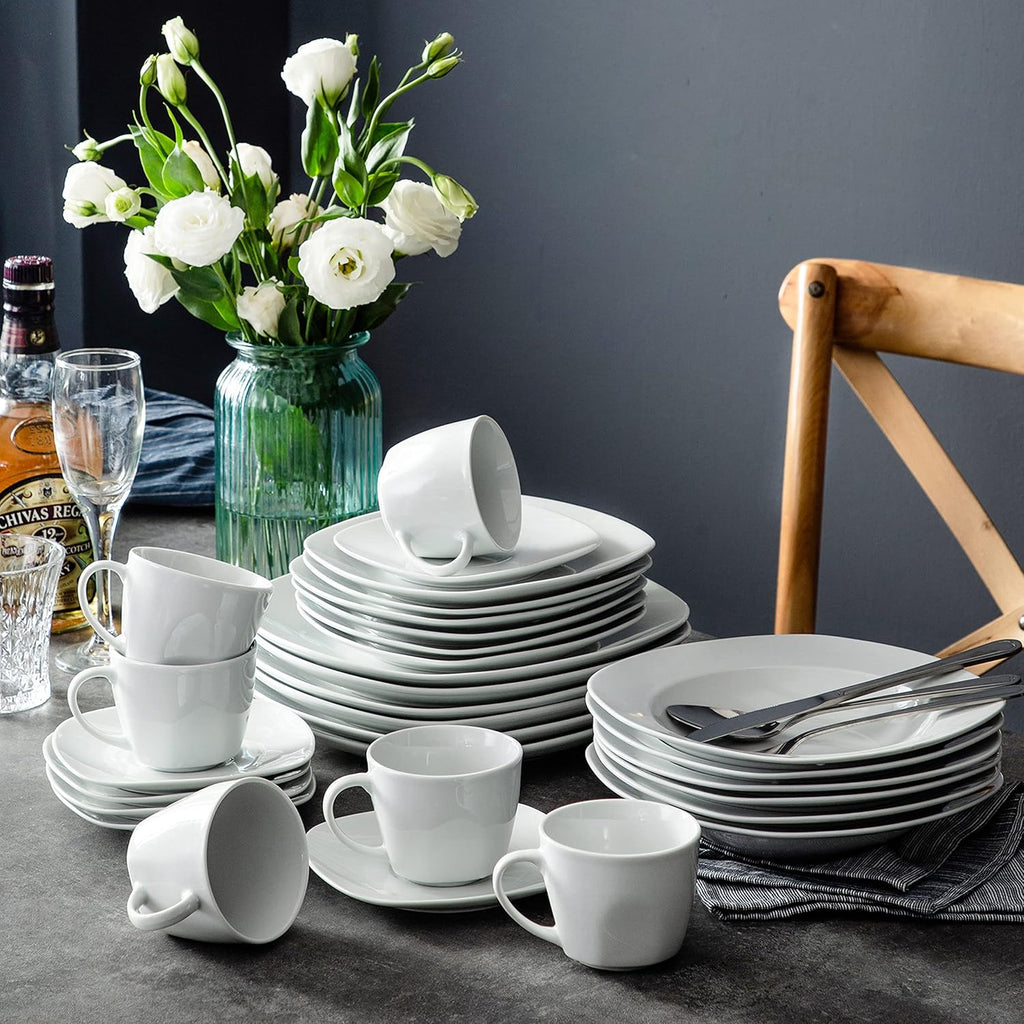 30 Piece Porcelain Dinnerware Set, Grey White Dish Set for 6, Square Ceramic Dishware Sets