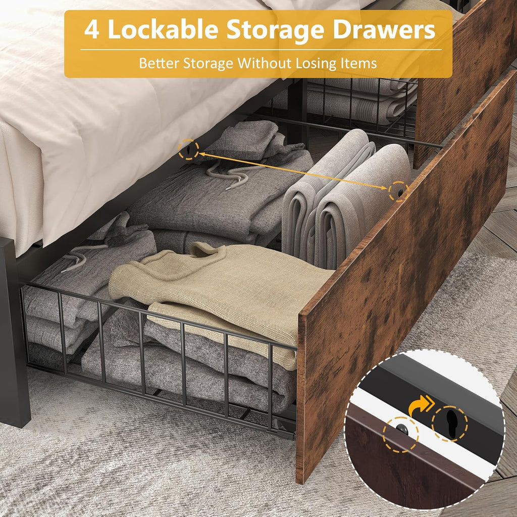 Queen Bed Frame with 2-Tier Storage Headboard, Metal Platform Bed Frame with 4 Storage Drawers