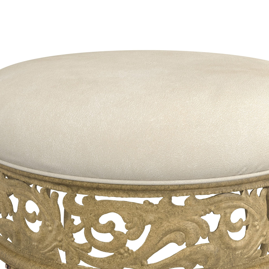 Villa III Backless Metal Vanity Stool with Ornate Lattice Detailing, Antique Beige