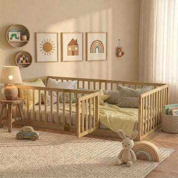 Full Size Montessori Floor Bed with High Rails and Slats, Solid Wood Floor Bed Frame with Door,Full Low Wooden Kids