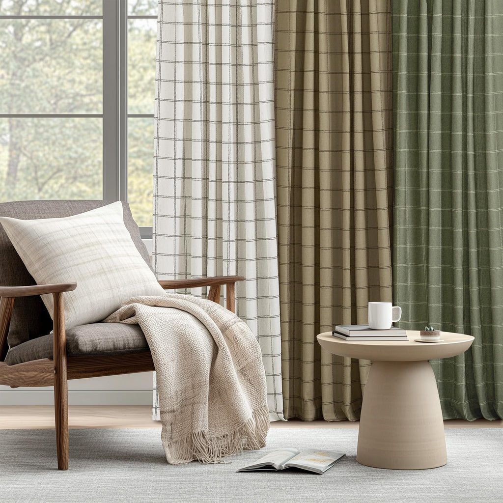 Moss Green Linen Plaid Curtains 96 inches Long