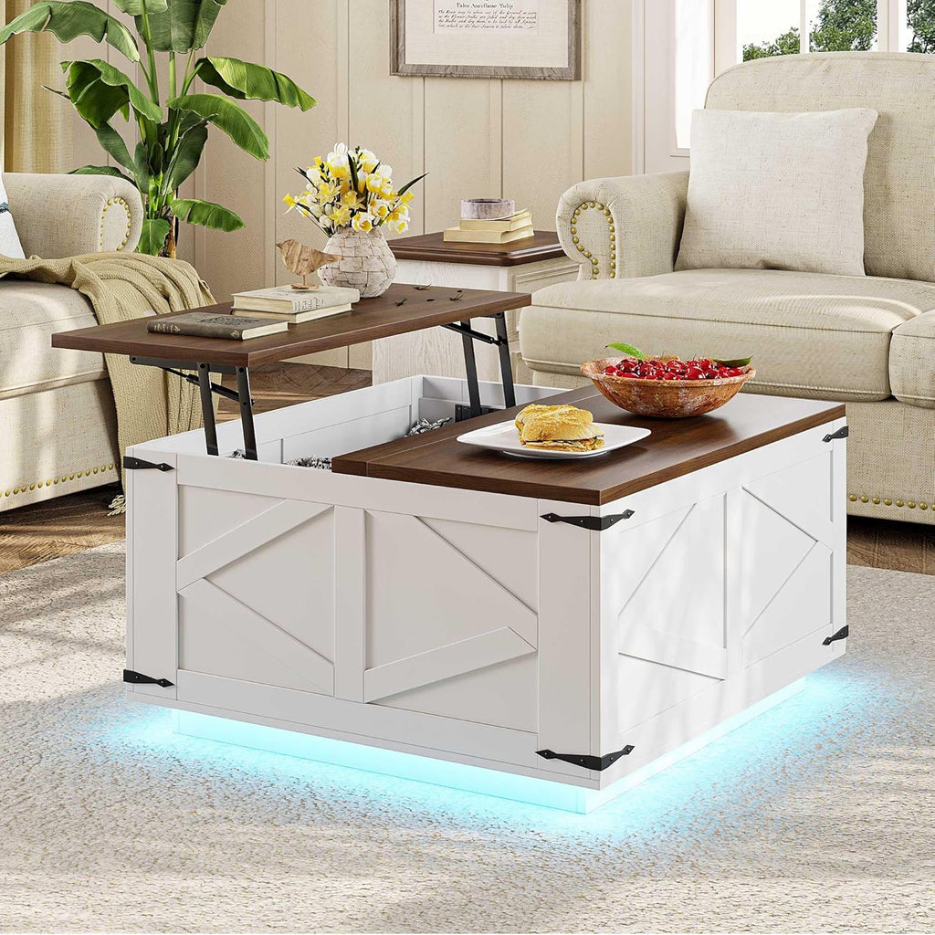 Farmhouse Lift Top Coffee Table, Square Wood Center Table with LED Lighting, USB-C Charging Station