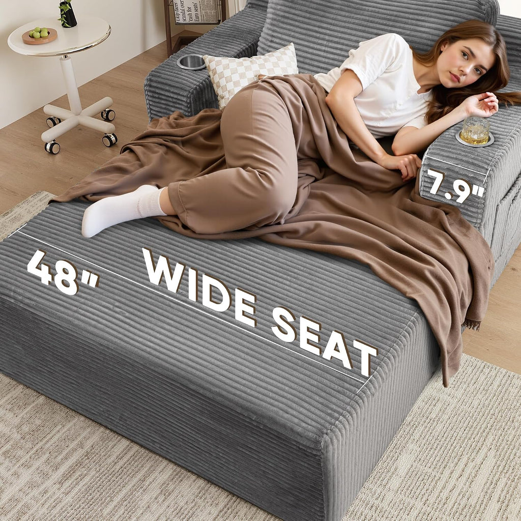 Oversized Chaise Lounge Chair, Cloud Couch with Fluffy Upholstered, Deep Seat Sleeper Sofa Bed with Two Cup Holders