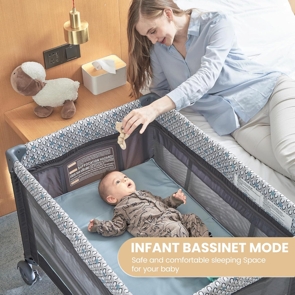 5 in 1 Multifunctional Pack and Play, Foldable Baby Crib with Bassinets,Changing Table,Newborn Napper with