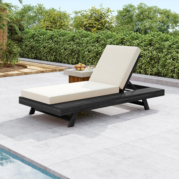 Patio Chaise Lounge Chair Outdoor with 4-Thick Cushion, Acacia Wood Poolside Sun Lounger with Space Available On