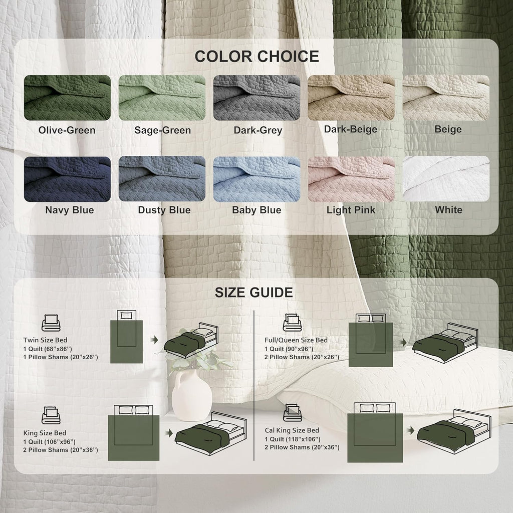 Beige 100% Cotton Quilt King Bedding Sets with 2 Pillow Shams, Textured Lightweight Soft Bedspread Shabby Chic