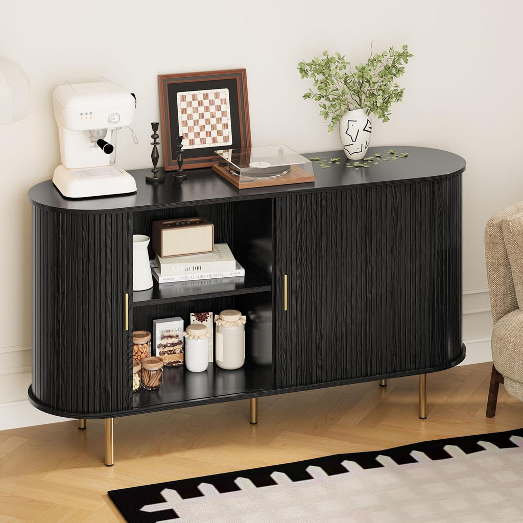 Sideboard Buffet Cabinet with Storage,Mid Century Modern Fluted Accent Coffee Bar Console Table,Tambour Sliding Doors& Adjustable Shelf for Kitchen, Living Room, Entryway(Black, 55 Inch)