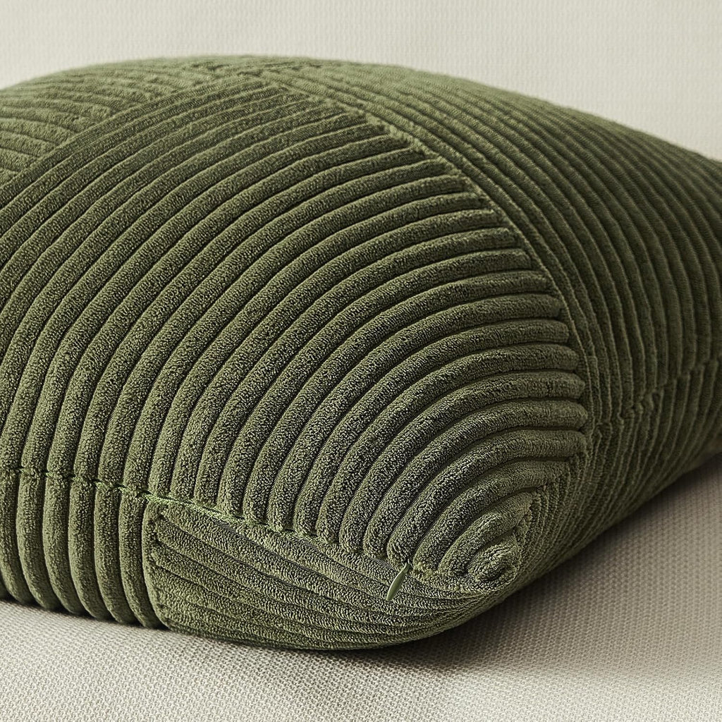 Olive Green Decorative Throw Pillow Covers Set of 2 18x18 Inches, Boho Aesthetic Home Decor, Soft Corduroy Striped