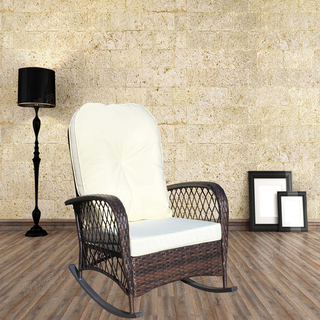 Outdoor Wicker Rocking Chair, Rattan Patio Rocker, Steel Frame | Outdoor Wicker Rocker Chair Cushioned Patio Rocker