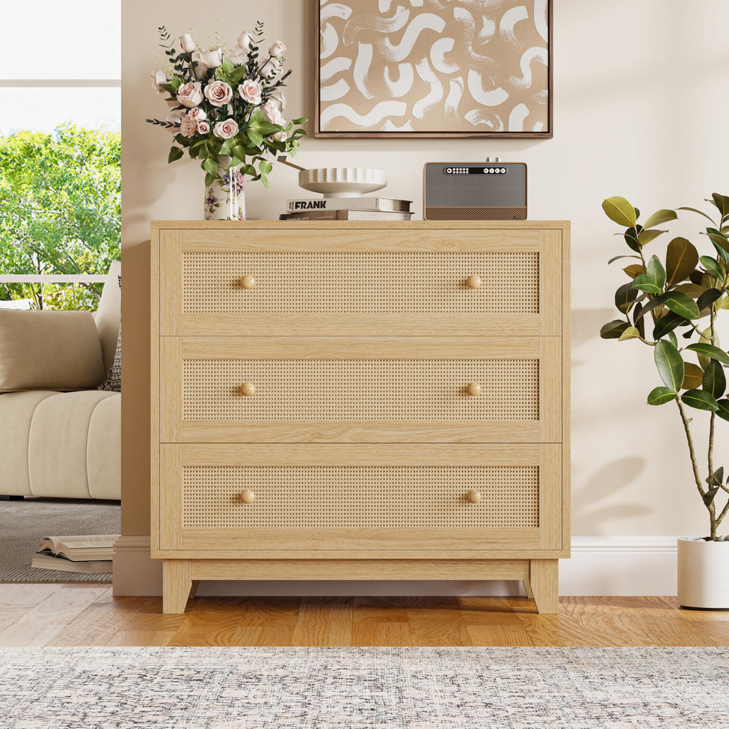 Boho Rattan 3 Drawer Dresser Nightstand, Natural Oak
