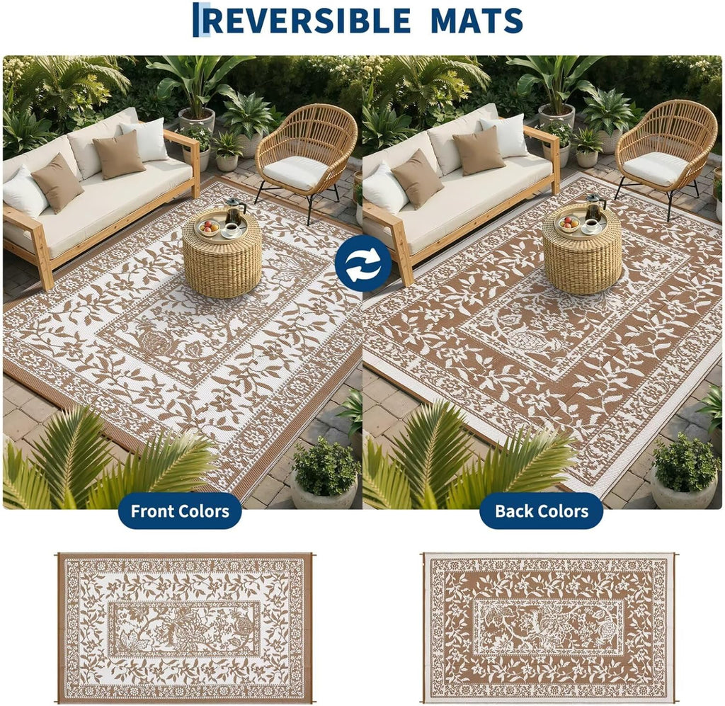 Outdoor Rug 9x12, Waterproof Reversible Foldable Plastic Straw Rug, Botanical cottagecore Outdoor Ru