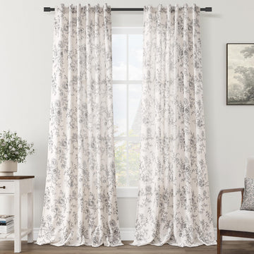 Vintage Floral Curtains 96 inches Long Botanical Patterned Curtains Sketch Print Burlap Textured Farmhouse Country