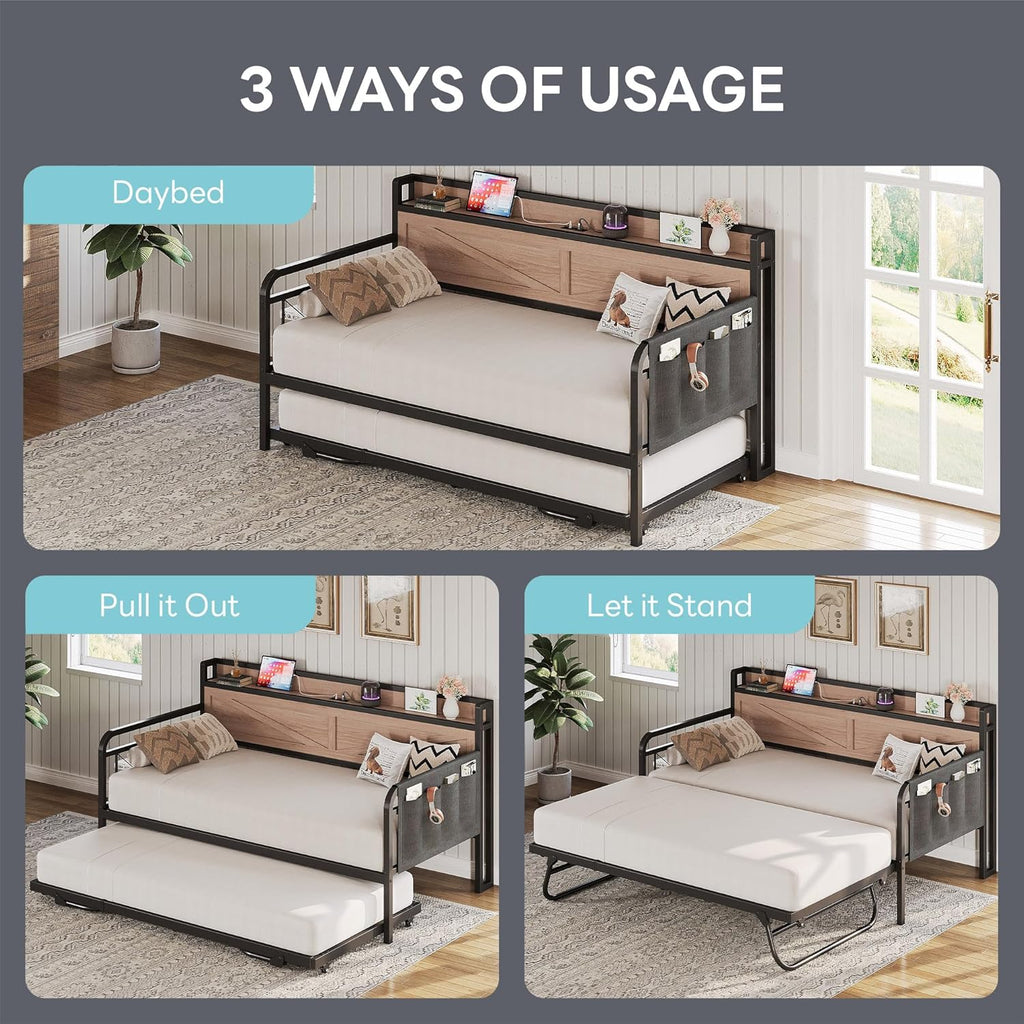 Twin Daybed with Pop Up Trundle & Charging Station & Storage Shelf | Pop Up Trundle with Smooth Wheels, Strong