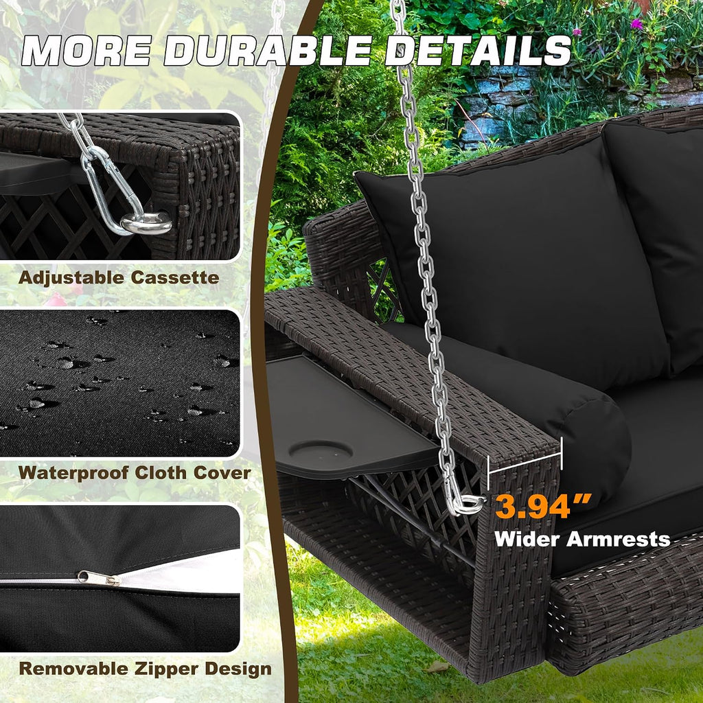 Wicker Hanging Porch Swing - Outdoor 3 Person Patio Swing Bench with Cushion & Chains - 3-Seat Porch Swing Chair with