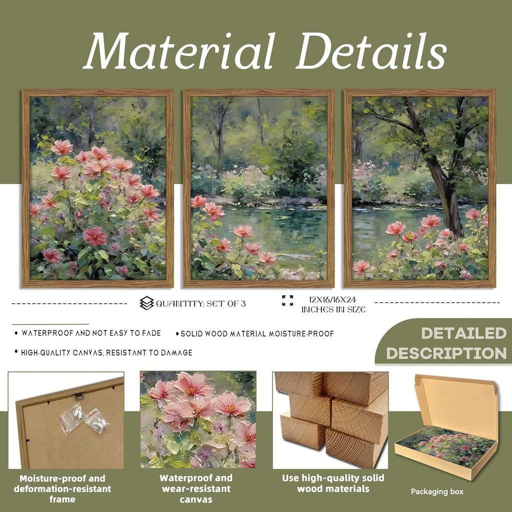 Framed Monet Wall Art Set of 3, Impressionist Botanical Floral Canvas Wall Decor, Vintage Cottagecore Artwork