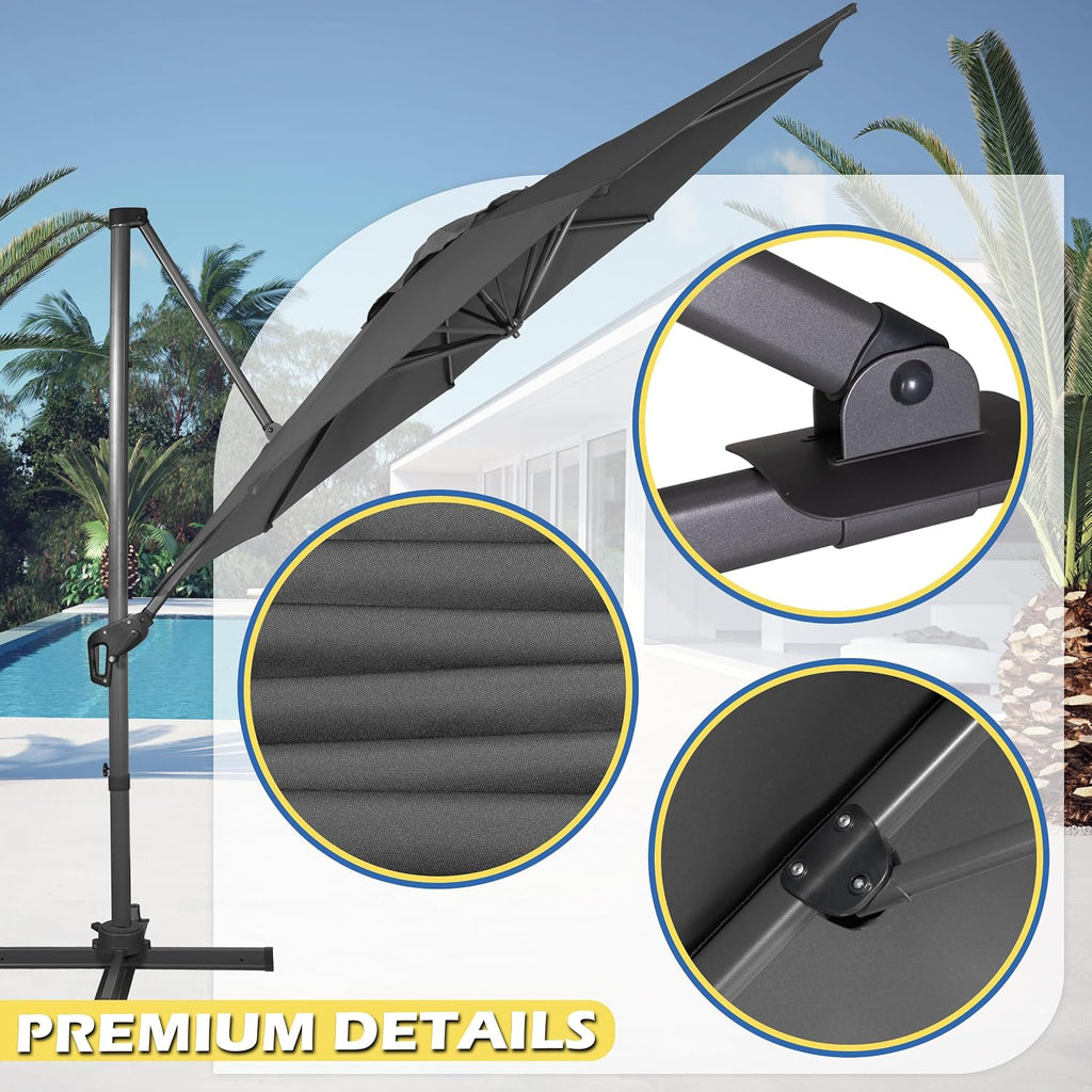 10Ft Cantilever Patio Umbrella, 360° Rotation & Integrated Tilting System Offset Umbrella with 8 Sturdy Ribs - Grey