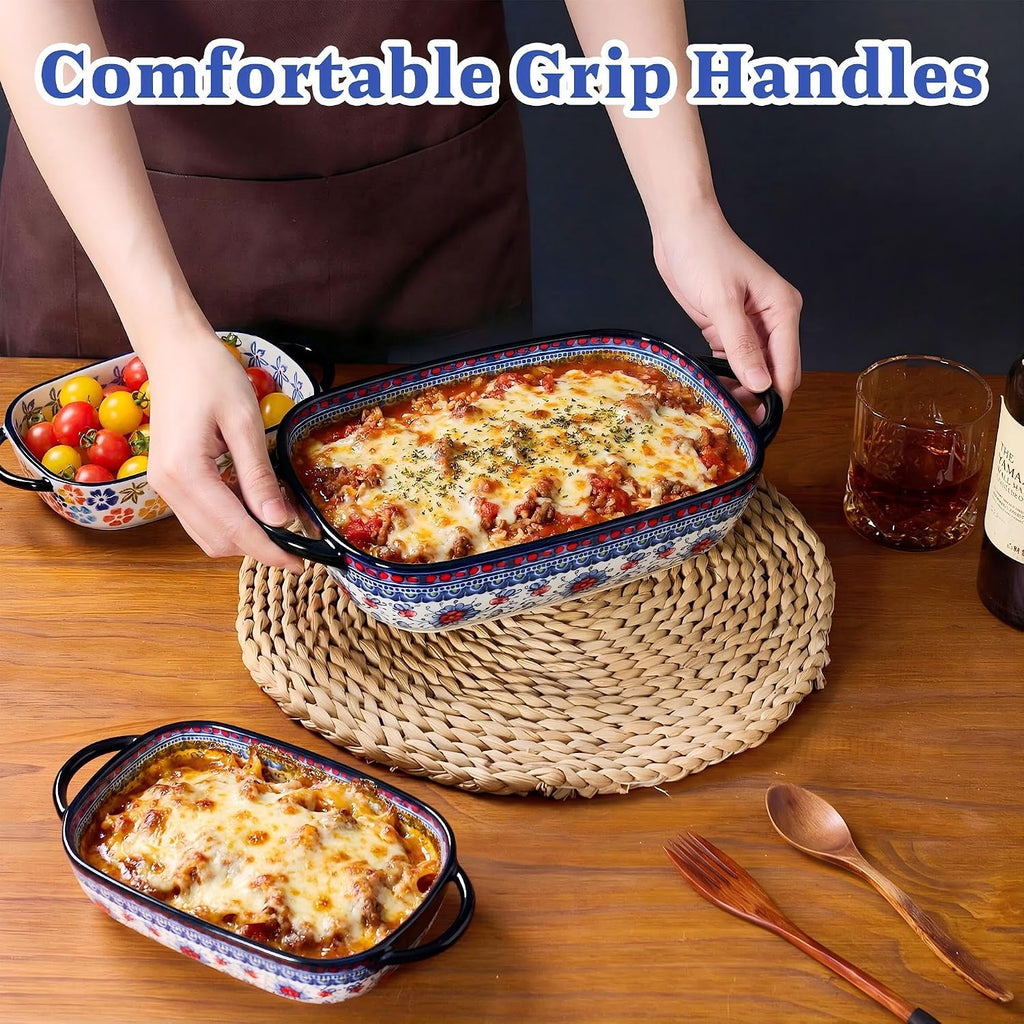 Ceramic Casserole Dishes for Oven, Hand-painted Polish Pottery Dish Set of 2, 0.8QT / 2QT Porcelain Casserole Dishes