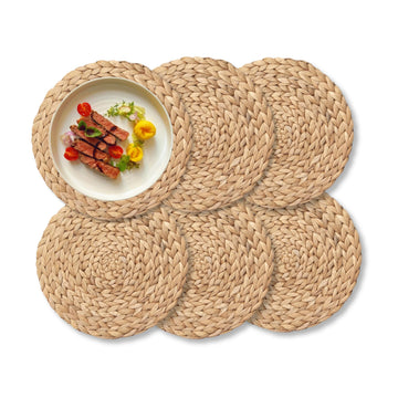 Round Woven Placemats Set of 6, Natural Wicker Place mats, Boho Farmhouse Rustic Plate Chargers, Rattan Table Mats