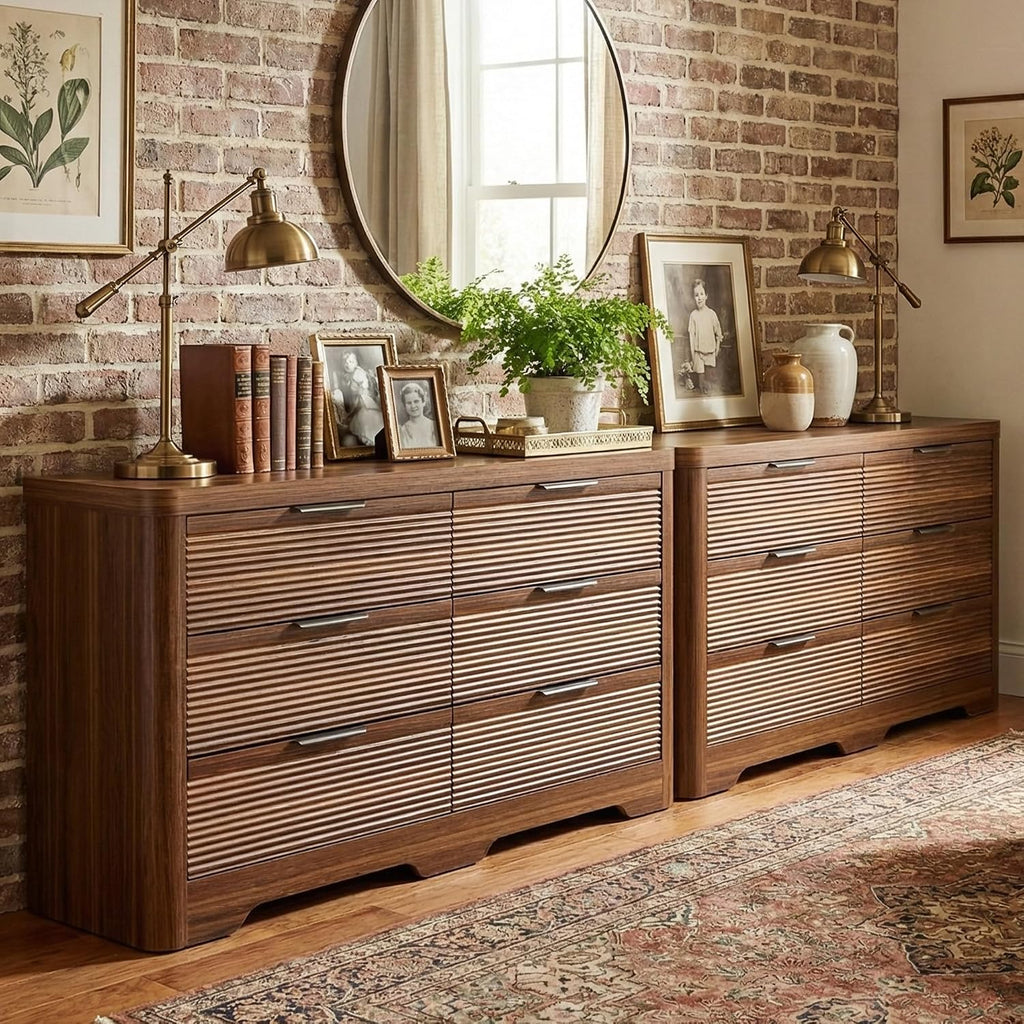 Fluted 6 Drawer Dresser,Farmhouse Wood Dresser | TV Stand,Thickened Curved Profile Design,Bedroom,Entryway,Wood