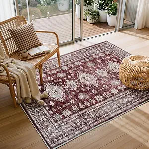 3x5 Area Rug Washable Non Slip, Entry, Bedside, Burgundy