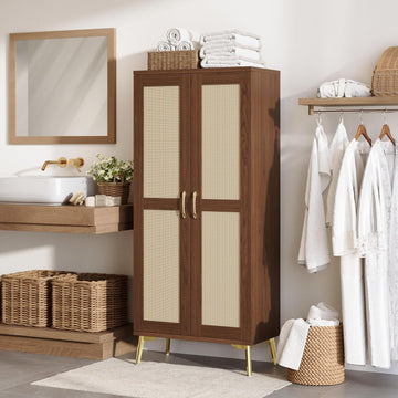Tall Bathroom Storage Cabinet 57" Rattan Pantry Cabinet, Walnut | With Doors and Adjustable Shelves, Freestanding