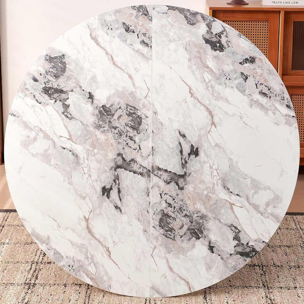 Modern Round Pedestal Dining Table for 4-6, 47" Kitchen Table with White Marble Grain Tabletop Engineered Wood Base