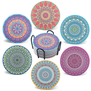Mandala Coasters for Drinks with Holder Set of 6, Boho Mandala Ceramic Coaster Absorbent for Cup Office Desk Table