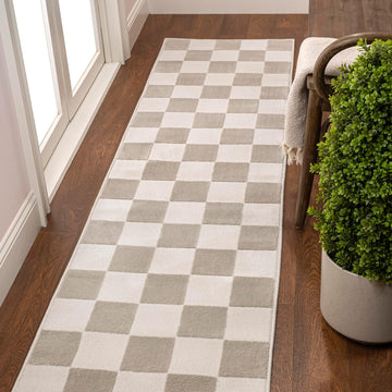 Checkerboard High-Low Runner Rug 2X8 Beige/Cream, Thea Modern Geometric, Easy-Cleaning, High Traffic, Pet-Friendly