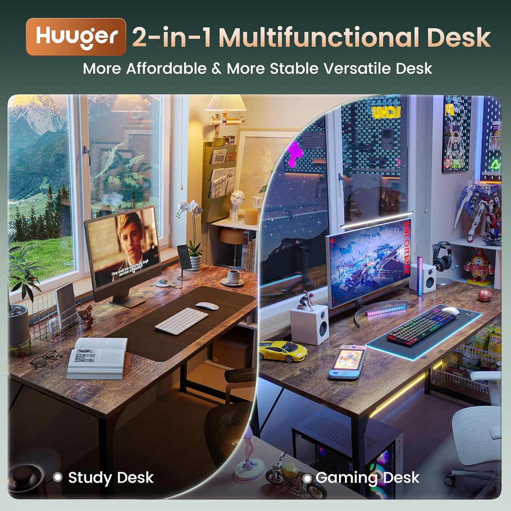 Computer Desk, 55 Inch Home Office Desk, Gaming Writing Work from Home Study Desk, Large Legroom, Sturdy Metal Frame