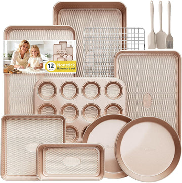 12-Piece Nonstick Bakeware Set with Pan - Ceramic Coated Gold | Set with Pan, Cake Pan, Muffin Pan, Loaf Pan, Square