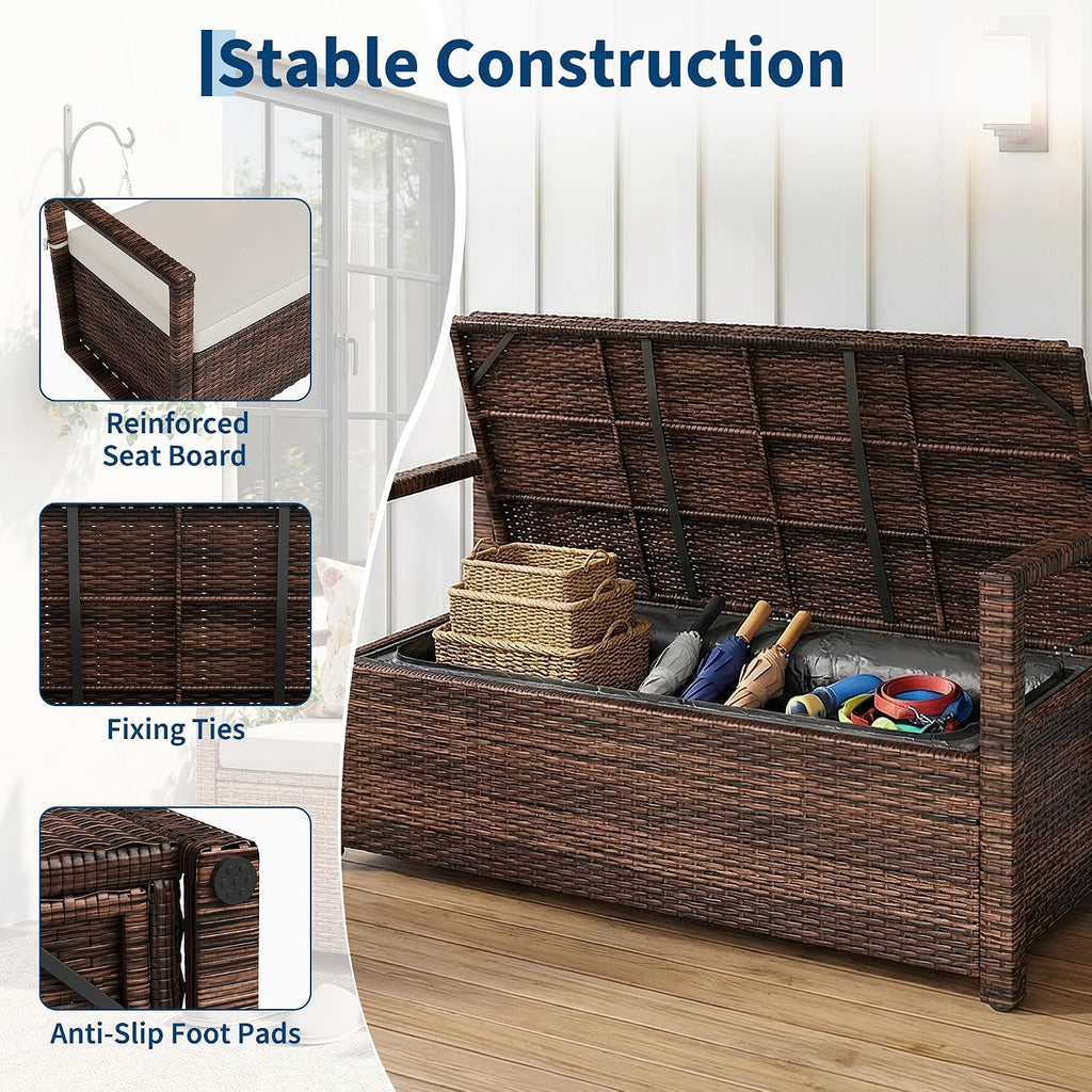 Outdoor Storage Bench with Cushion, 2-Seater PE Rattan Storage Box with Backrest & Armrests, 75 Gallon, 400 lbs
