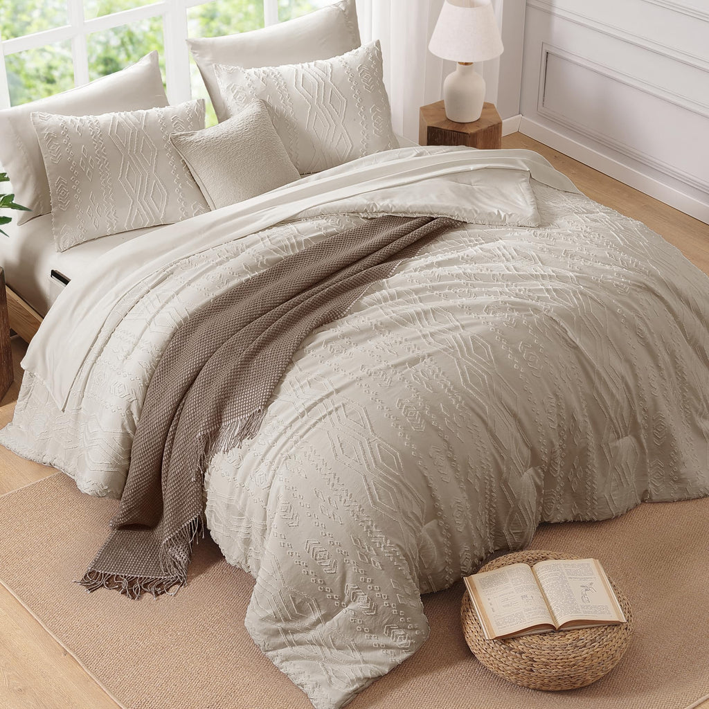 Comforter Set Beige Tufted Bedding Sets Farmhouse 7 Pieces