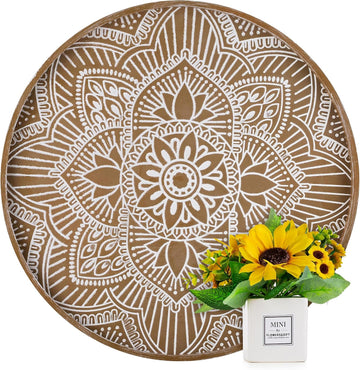 17" Large Round Decorative Tray Coffee Table Decor, Rustic Brown | Boho Mid Century Farmhouse Living Room Ottoman