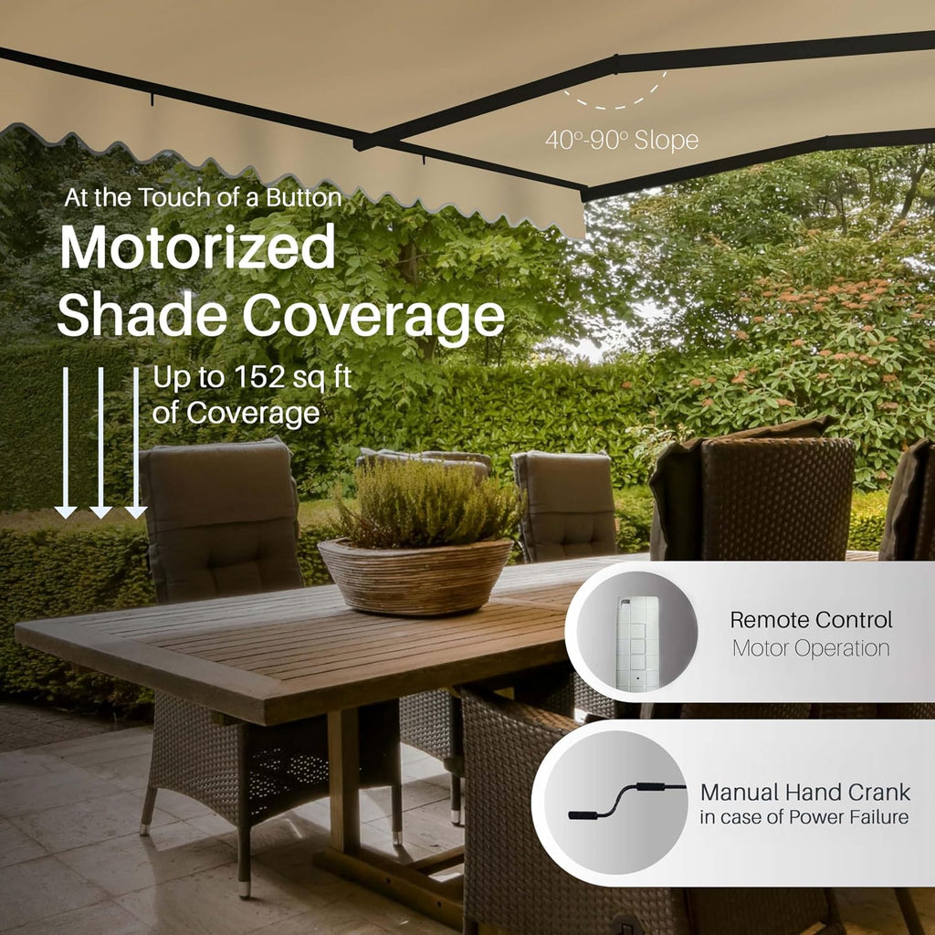 Electric Patio Awning Caribbean Black Frame 16x10 Desert Sand | Retractable sunshade for decks and balconies