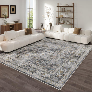 Large Living Room Rug 9x12 Washable Non Slip Vintage, Grey