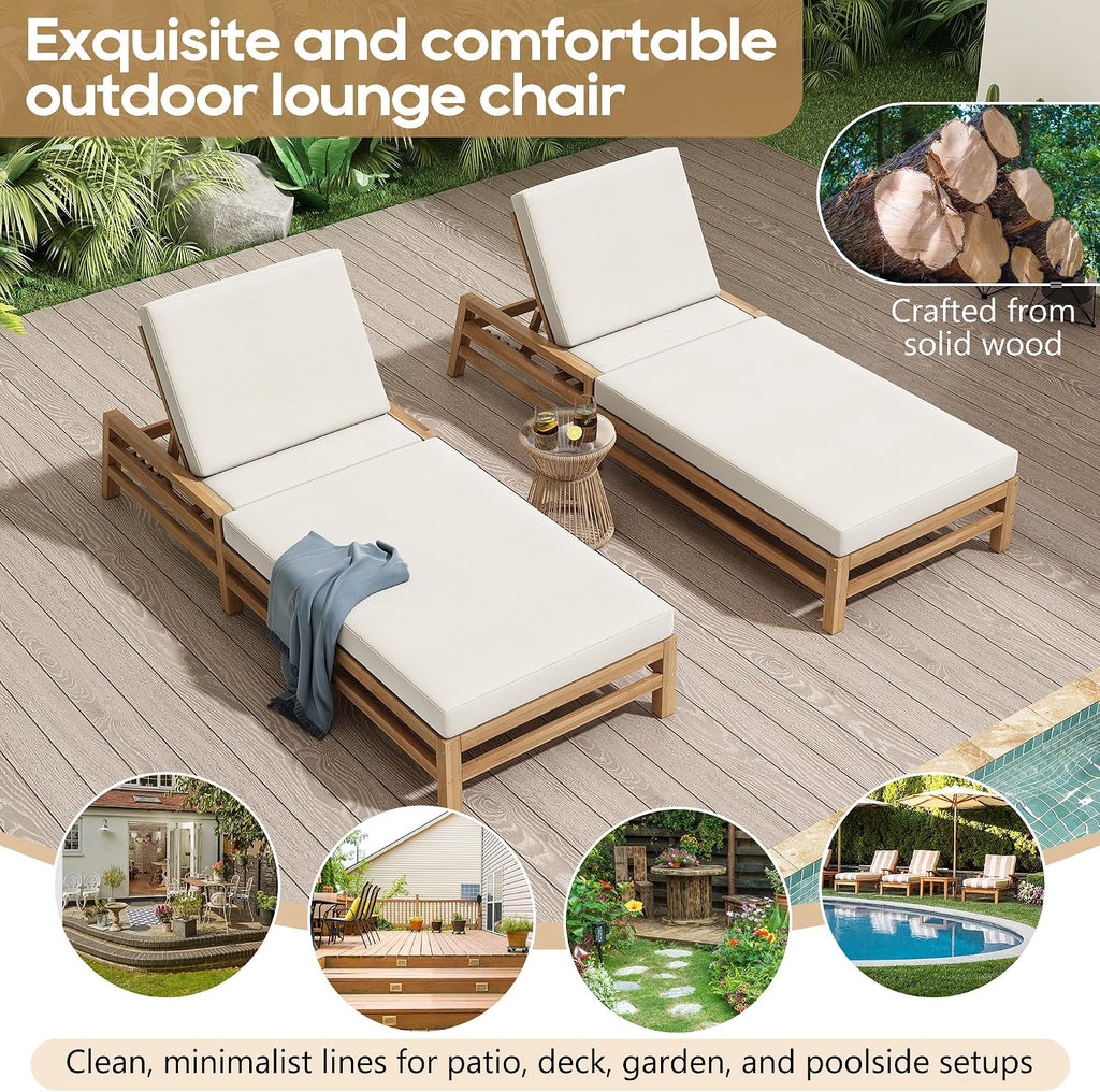 Acacia Wood Outdoor Patio Chaise Lounge Chair, All Weather Recliner Chair with Thick Cushions and 5-Position
