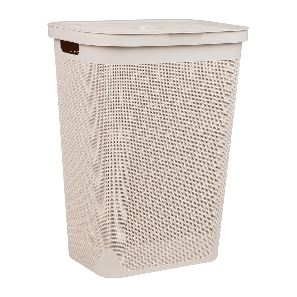 60L Slim Laundry Hamper, Clothes Basket, Lid, Linen Design, Plastic, Ivory