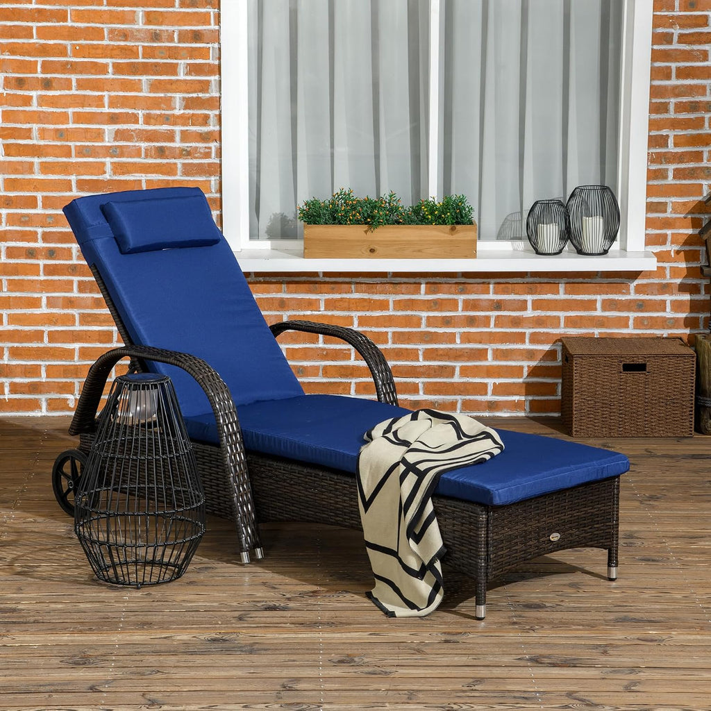 Wicker Outdoor Chaise Lounge Set of 2 Brown & Dark Blue | 5-Level Adjustable Backrest, PE Rattan, Pool Lounge Chair