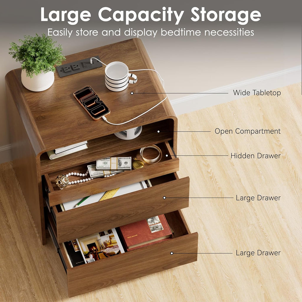 Modern Nightstand Set of 2 23.8" Walnut Nightstands with Hidden Drawers Wood Modern Bedside Table Curved Profile