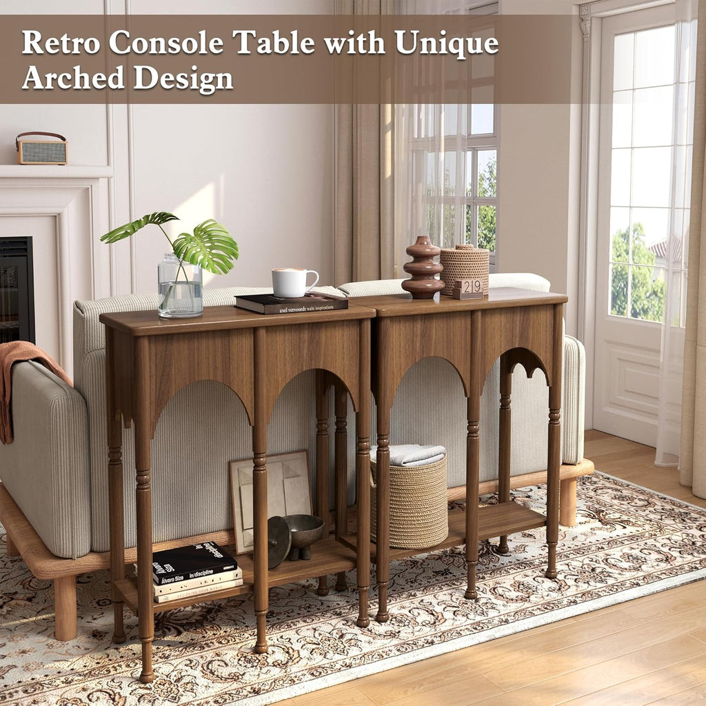 Console Table with Storage Shelf, 28" Retro 2-Tier Entryway Table, Wooden Sofa Table with Roman-Style Legs , Brown