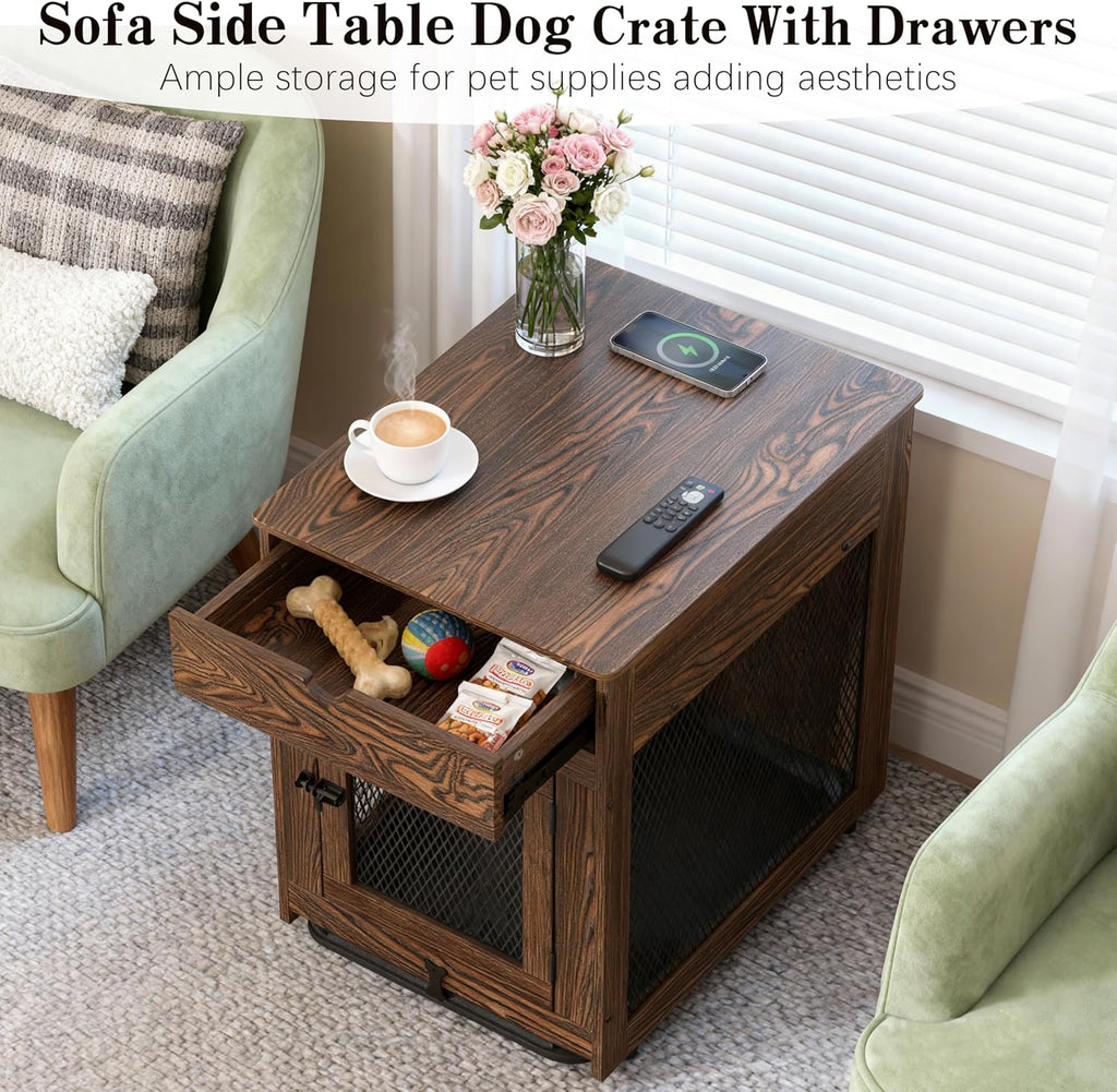 Dog Crate Furniture,Wooden Dog Crate End Table with Storage Drawer&Cushion&Tray