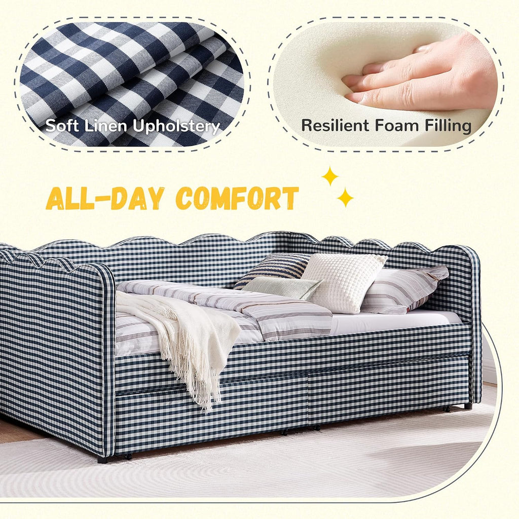 Queen Size Gingham Daybed with 2 Storage Drawers and USB Ports | Upholstered Daybed Living Room Guest Room-Navy