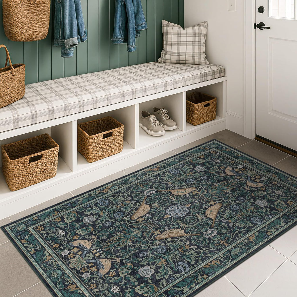 Vintage Large Entryway Rugs Indoor, 3x5 Washable Blue and Green Floral Rugs
