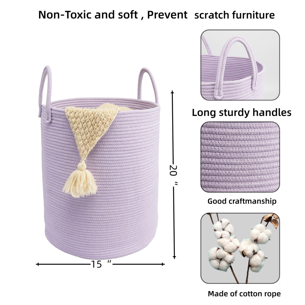 Woven Cotton Rope Laundry Basket, 15" x 20" Laundry Hamper, Purple