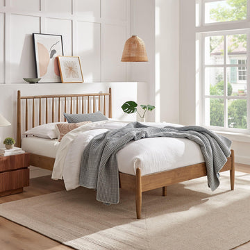 Zane Queen Size Spindle Bed in Walnut - Solid Wood Platform Bed Frame with Headboard, No Box Spring Needed