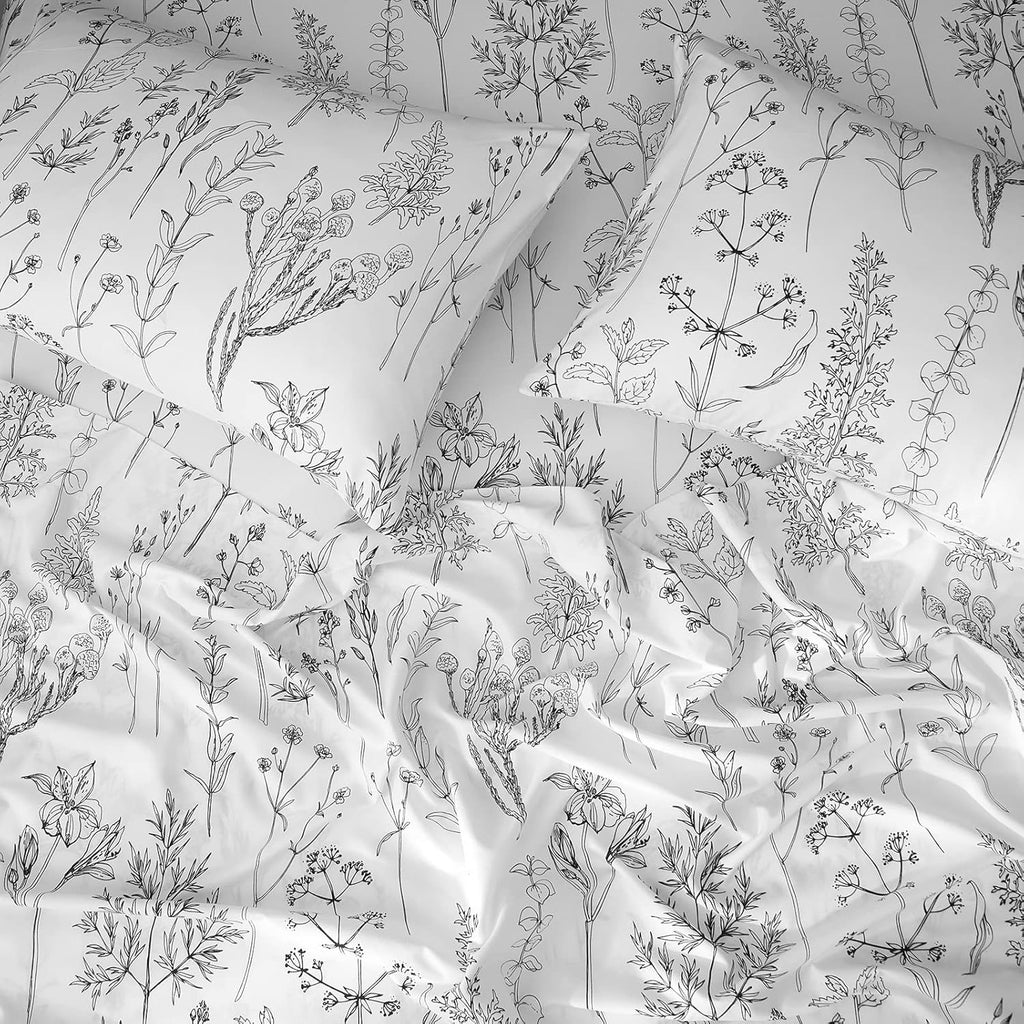 Floral Bed Sheets, 18 inches Deep Pocket Sheets 1800 Thread Count, Black and White Leaf Sheet Set Soft