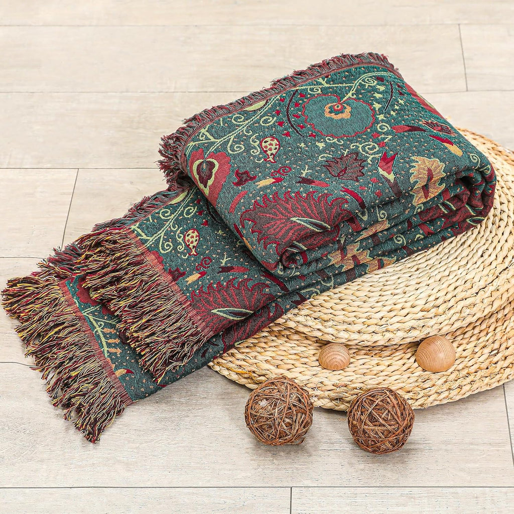 Boho Throw Blanket,100% Ultra Cotton Soft Breathable Bed Throw Floral Printed Farmhouse Decor Rustic Bed Throws