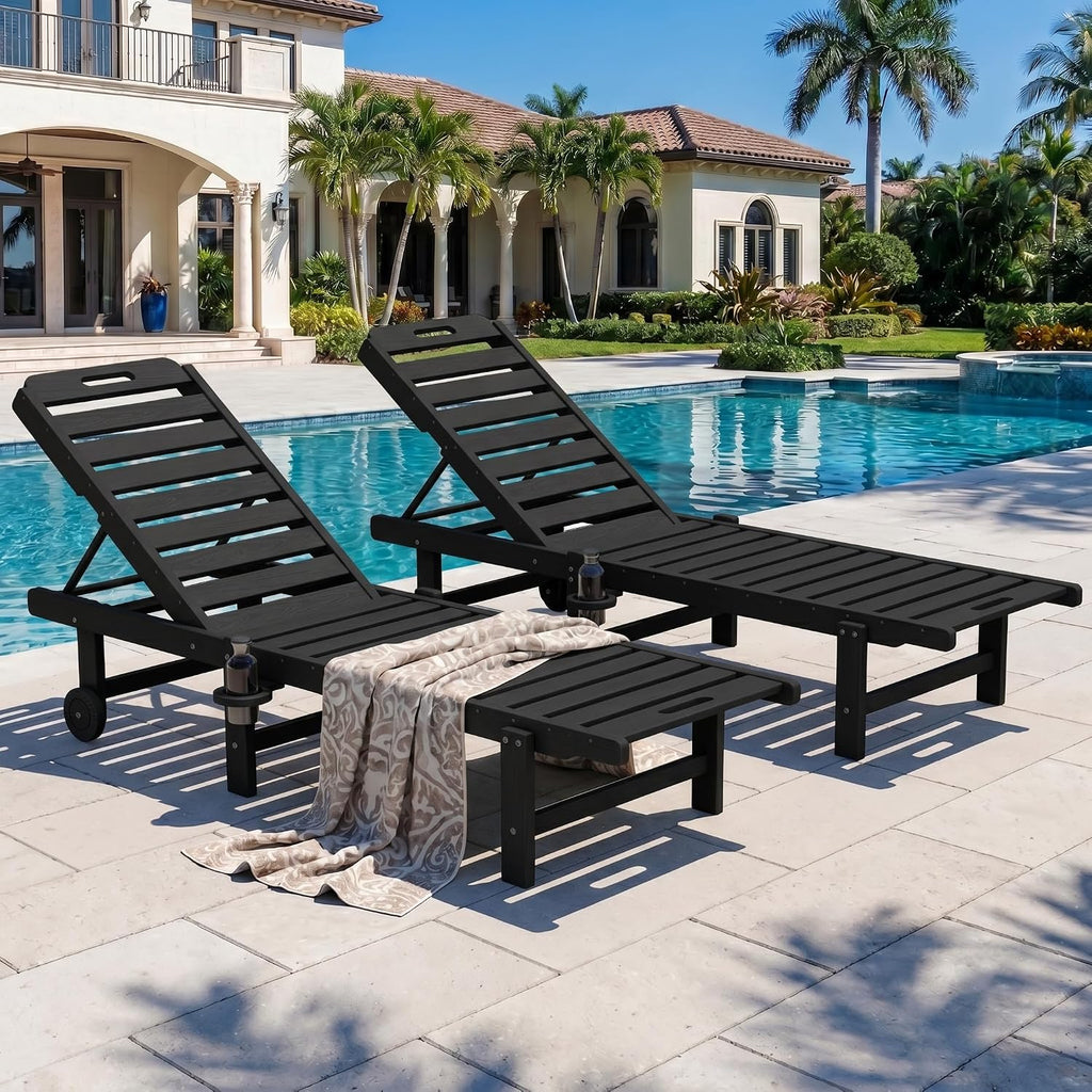 HDPE Outdoor Chaise Lounge Set of 2 with Cup Holder & Wheels, Black | Weather-resistant chaise lounge resists fading