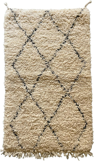 Wool Rug - Handmade Berber Shag Area Rug, Beni Ourain Style, Ivory/Cream with Charcoal Elongated Diamond