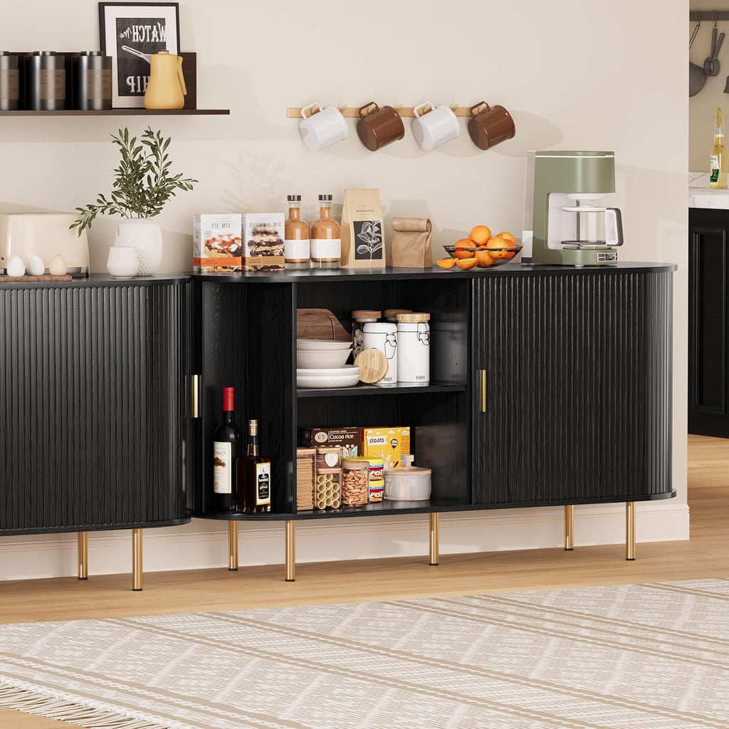 Sideboard Buffet Cabinet with Storage,Mid Century Modern Fluted Accent Coffee Bar Console Table,Tambour Sliding Doors& Adjustable Shelf for Kitchen, Living Room, Entryway(Black, 55 Inch)